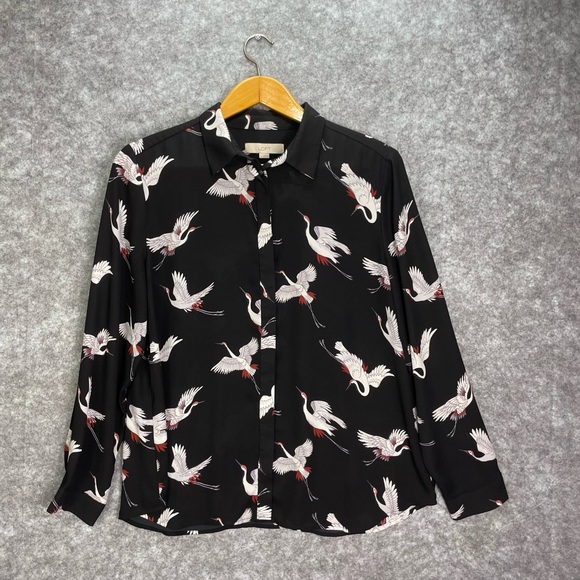 LOFT Tops - LOFT Shirt Womens XL Black Crane Bird Print Button Down Long Sleeve Top Blouse